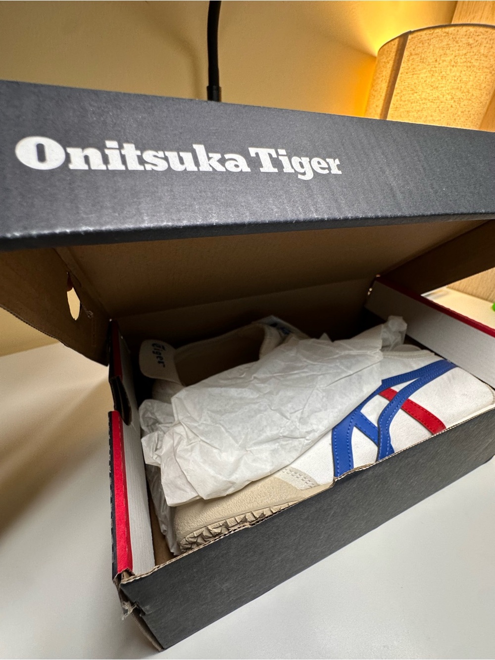 Onitsuka Tiger White Sneakers with Blue & Red Stripes - Classic Low Top